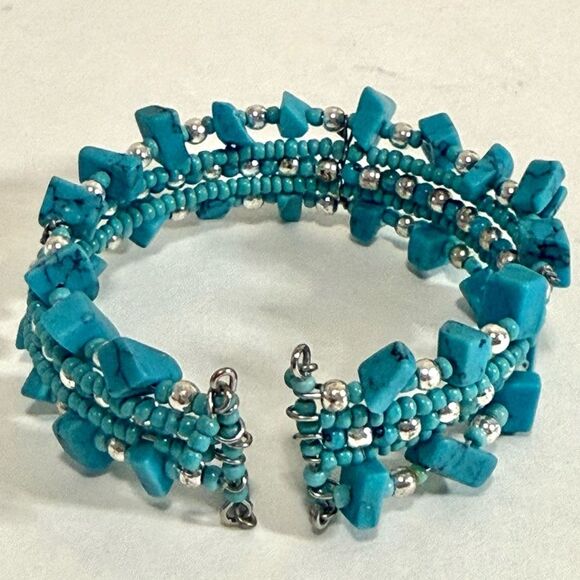 Turquoise Wide Chunky Multi-Strand Beaded Coiled Bangle Bracelet, Stretchy - Picture 2 of 9